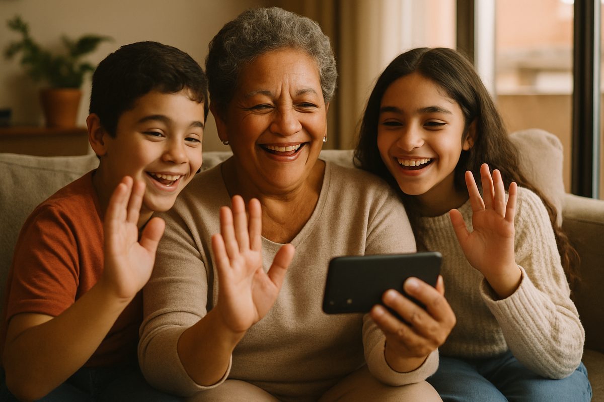 Familia latina en videollamada con sus seres queridos